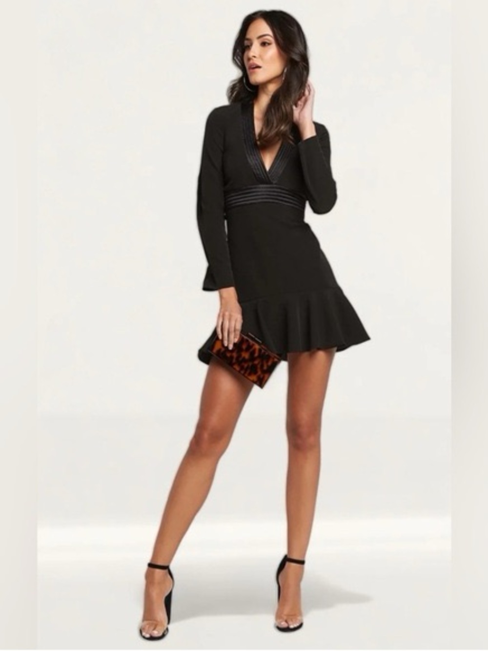 Black Deep V Long Sleeve Ruffle-Hem Mini Dress